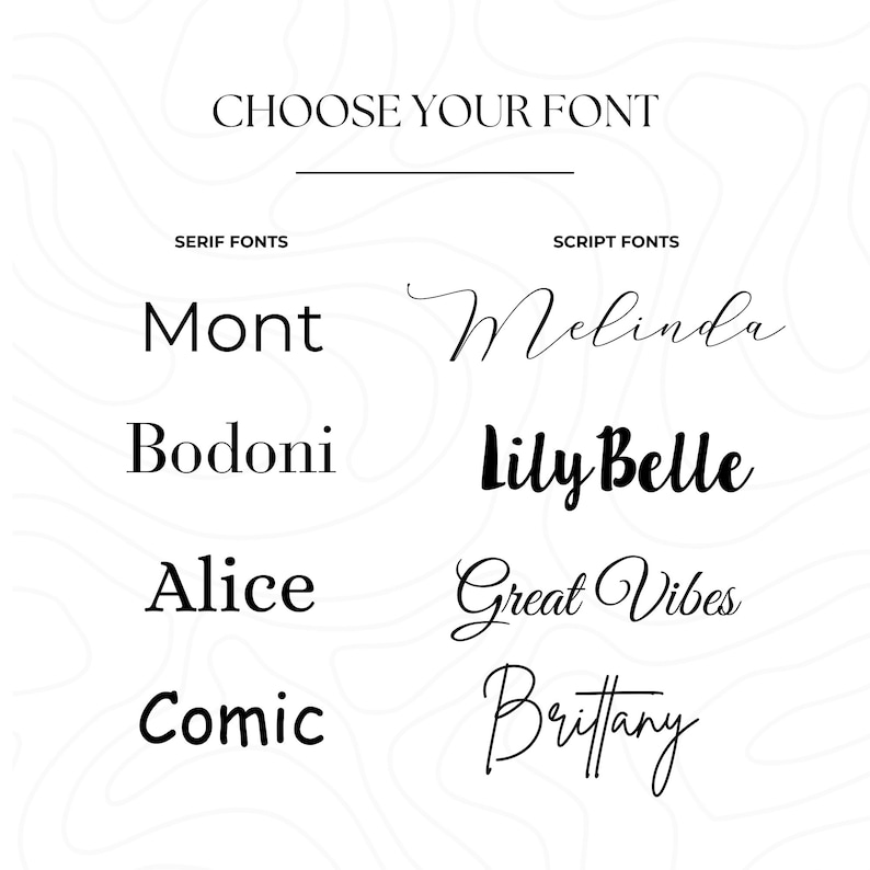 May include: A graphic showing font choices. The text "CHOOSE YOUR FONT" is at the top. Serif fonts include Mont, Bodoni, Alice, and Comic. Script fonts include Melinda, Lily Belle, Great Vibes, and Brittany.