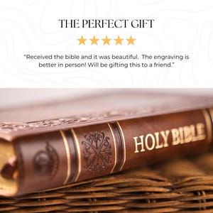 May include: A brown leather Bible with gold lettering reading "HOLY BIBLE". The book features gold detailing and is placed on a woven surface. The text "THE PERFECT GIFT" is at the top of the image.