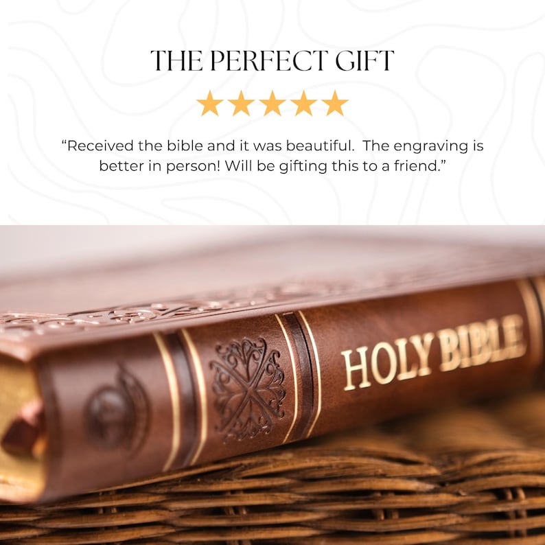 May include: A brown leather Bible with gold lettering reading "HOLY BIBLE". The book features gold detailing and is placed on a woven surface. The text "THE PERFECT GIFT" is at the top of the image.