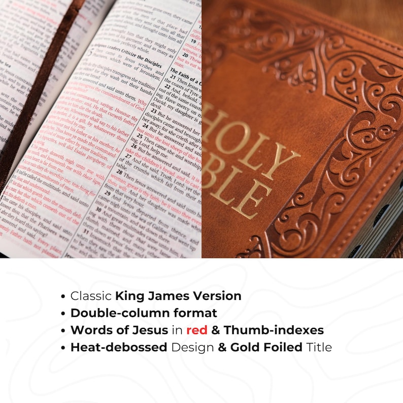 May include: A brown leather-bound Bible, open to reveal text with red lettering. The cover features gold lettering that reads "HOLY BIBLE." The text includes "Classic King James Version" and "Words of Jesus in red & Thumb-indexes."