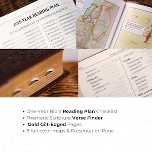 May include: A brown leather Bible with gold-edged pages, open to show a reading plan and a verse finder. The text includes "One-Year Bible Reading Plan" and "Eternal Life."