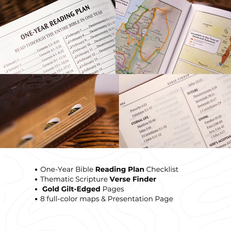 May include: A brown leather Bible with gold-edged pages, open to show a reading plan and a verse finder. The text includes "One-Year Bible Reading Plan" and "Eternal Life."