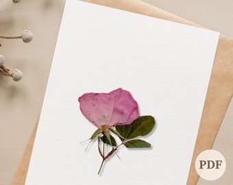 Printable French Rose Foldable Greeting Card - Pressed Flower Card - Nature Gifts - PDF Flower Stationary - DIY Heartfelt Gifting For Mom