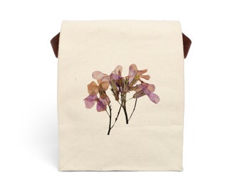 Borsa per il pranzo in tela con pacchetto di fiori pressati Honesty, 100% cotone, scatola per il pranzo botanica, arte floreale pressata, fiori di campo essiccati, accessori floreali