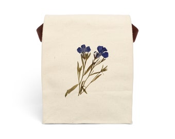 Borsa per il pranzo in tela con viole selvatiche essiccate, 100% cotone, scatola per il pranzo botanica, arte floreale pressata, fiori di campo secchi, accessori floreali