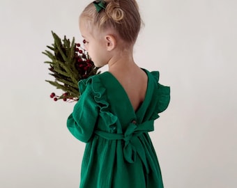Green Muslin Christmas Dress: Open Back Holiday Outfit