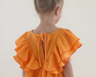 Orange Flatterärmel Musselin Kleid, Boho Sommerkleid für Mädchen, Gaze Kleidung für Mädchen, Sommerkleid Versandfertig.