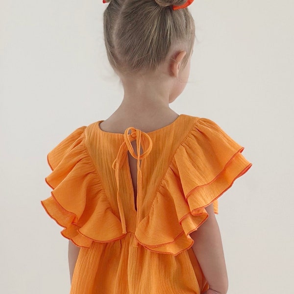 Orange Flutter Sleeve Muslin Dress, Girl Boho Summer Dress, Gauze Clothing for Girls, Sundress Ready to Ship.