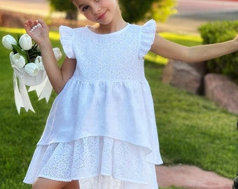 White Linen Dress, Linen Flower Girl Dress, White Boho Dress with Ruffles, Cotton Eyelet Formal Dress, Summer Linen Dress.