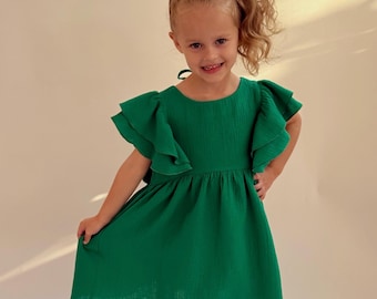 Muslin Cotton Summer Dress for Girls: Green or Red, Butterfly Style.