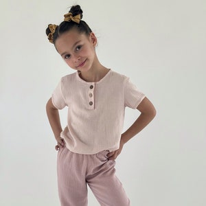 Girls Muslin Two Piece Set, Handmade Top and Pants, Cotton Muslin Summer Outfit, Muslin Clothing for Kids.