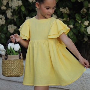 Girls Yellow Muslin Butterfly Dress: Boho Flutter Sleeve Cotton Gauze