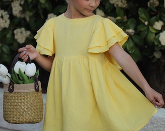 Girls Yellow Muslin Butterfly Dress: Boho Flutter Sleeve Cotton Gauze