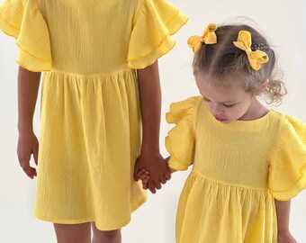 Girls Muslin Dress with Flutter Sleeves, Yellow Summer Dress, Muslin Clothing, Gauze Boho Dress for Girls, Cotton Dress.