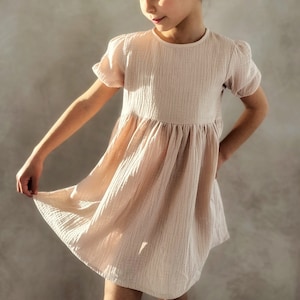 Abito in mussola per bambine, abito in mussola beige, abito boho con maniche a sbuffo, abito in garza per bambine, abito estivo in cotone, abbigliamento casual per tutti i giorni.