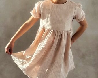 Muslin Girl Dress, Beige Cotton Summer Dress, Boho Puff Sleeve