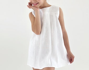 White Linen Sundress for Girls: Short Summer Dress with Folds