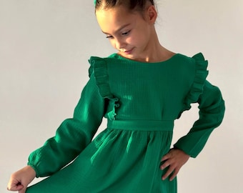 Girls Muslin Christmas Dress: Green and Red Holiday Outfit for Kids.