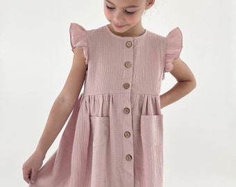 Muslin girls dress with ruffles, Toddler muslin dress with pockets, Cotton sundress, Muslin summer dress casual style.