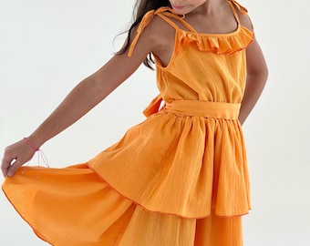 Pumpkin Orange Muslin Dress: Girls Twirl Dress with Tie Shoulder