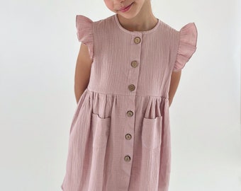 Musselin-Mädchenkleid mit Rüschen, Kleinkind-Musselinkleid mit Taschen, Baumwoll-Sommerkleid, Musselin-Sommerkleid im lässigen Stil.