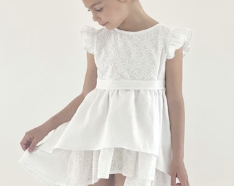 White Linen Flower Girl Dress: Boho Ruffles, Cotton Eyelet