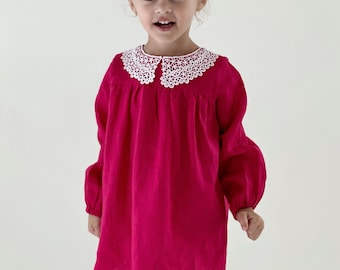 Girl's Pink Linen Tunic Dress: White Collar, Special Occasion