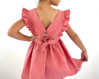 Girl Linen Ruffle Dress: Sleeveless Boho Summer Dress, V Back