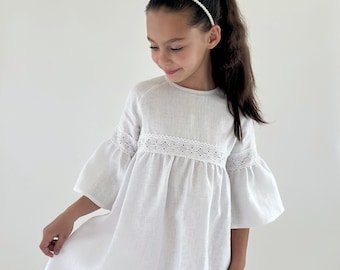 Girl White Linen Dress With Bell Sleeves, Christening Gown, Gift For Girls.