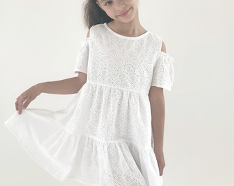 White Cotton Eyelet Dress: Girls Boho Summer Sun Dress