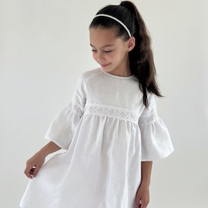 Girl White Linen Dress With Bell Sleeves, Christening Gown, Gift For Girls.
