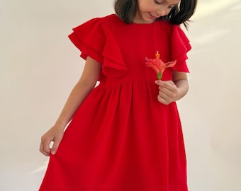 Red Cotton Muslin Baby Dress: Flutter Sleeves, Handmade