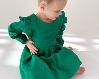 Green Muslin Christmas Dress: Ruffle Toddler Holiday Outfit