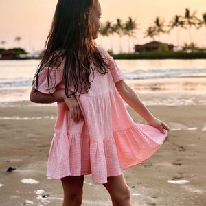 Girl Cotton Dress, Muslin Cold Shoulder Dress, Toddler Gauze Dress, Kids Muslin Cotton Outfit.