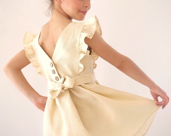 Girls Linen Ruffle Dress: Boho V-Back Summer Dress