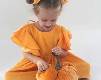 Pumpkin Orange Muslin Girl Dress: Butterfly Sleeve Fall Dress