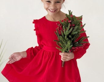 Girl's Red Muslin Christmas Dress: Long Sleeve Holiday Outfit