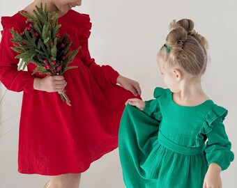 Red Muslin Christmas Dress: Ruffle Holiday Party Outfit