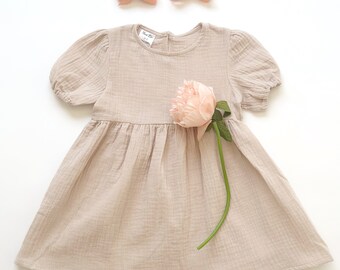 Muslin Girl Dress, Puff Sleeve Dress Boho, Toddler Gauze Dress, Cotton Summer Dress, Casual Outfit for Everyday.