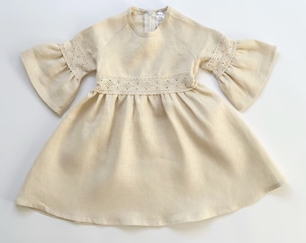 Vestido de lino beige para niña con mangas acampanadas, vestido de bautizo, regalo para niñas.