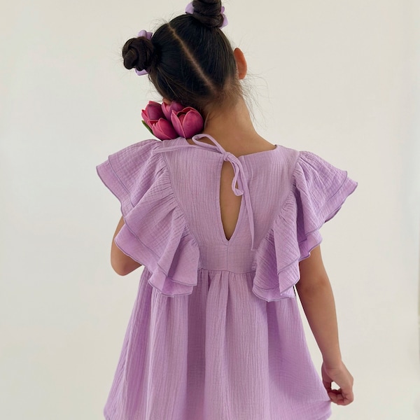 Cotton Summer Dress, Girl Muslin Dress with Flutter Sleeves, Girls Wedding Guest Dress, Boho Sun Dress, Purple Flower Girl Dress.