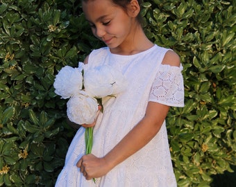 White Cotton Dress, Girls Summer Dress Boho, Eyelet Dress, White Cotton Sun Dress, Flower Girl Dress, Beach Vacation Outfit.