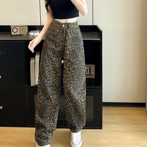 Tan Leopard Jeans Women Denim Pants, Male Oversize Wide Leg Trousers, Streetwear Pants, Cargo Pants, Y2K Pants, Harajuku Trousers, Leopards.