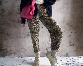 Tan Leopard Jeans Women Denim Pants, Male Oversize Wide Leg Trousers, Streetwear Pants, Cargo Pants, Y2K Pants, Harajuku Trousers, Leopards.