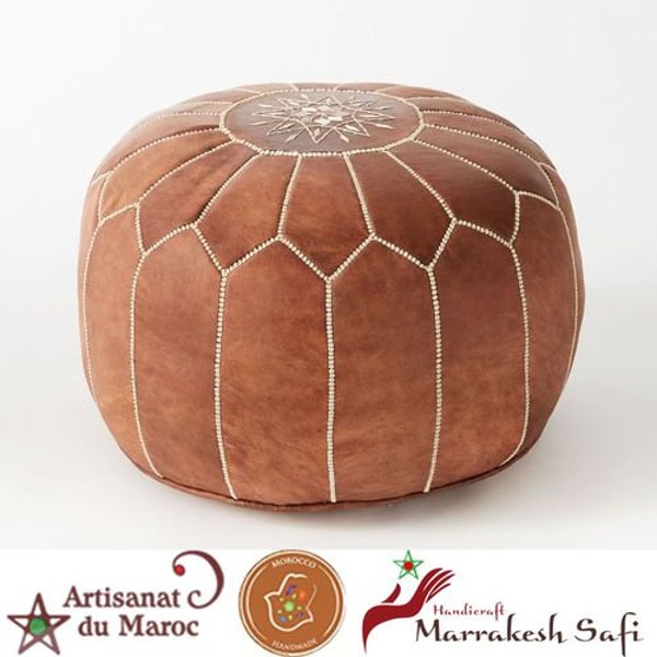 Artisanal Moroccan ODOR FREE & SOFT Brown Pouf in real Moroccan goat leather, 100% handmade, meditation Pouf, Outdoor Ottoman, Room Pouf