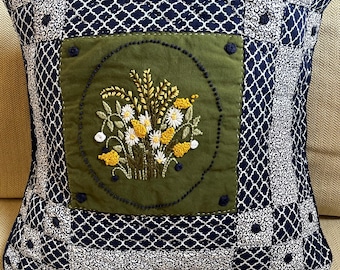 Blue and White Wildflower Pillow