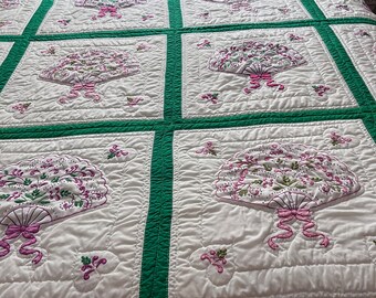 Green and White Embroidered with Pinks and Purple Fans Queen Size  Quilt