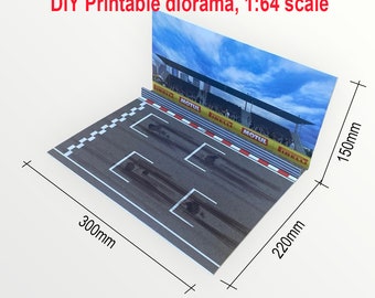 May include: A printable diorama of a race track with a grandstand in the background. The diorama is 1:64 scale and measures 300mm by 220mm by 150mm.