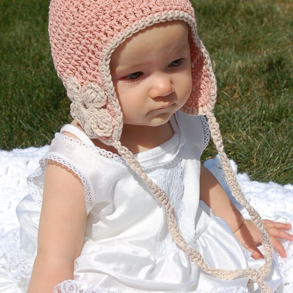 Organic Earflap Beanie Hat with Flower Crochet Pattern Newborn to 5T PDF