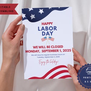Printable Closed for Labor Day Sign, Labor Day 2025, Closed Sign for Door, Office Closure Sign Labor Day Printable,